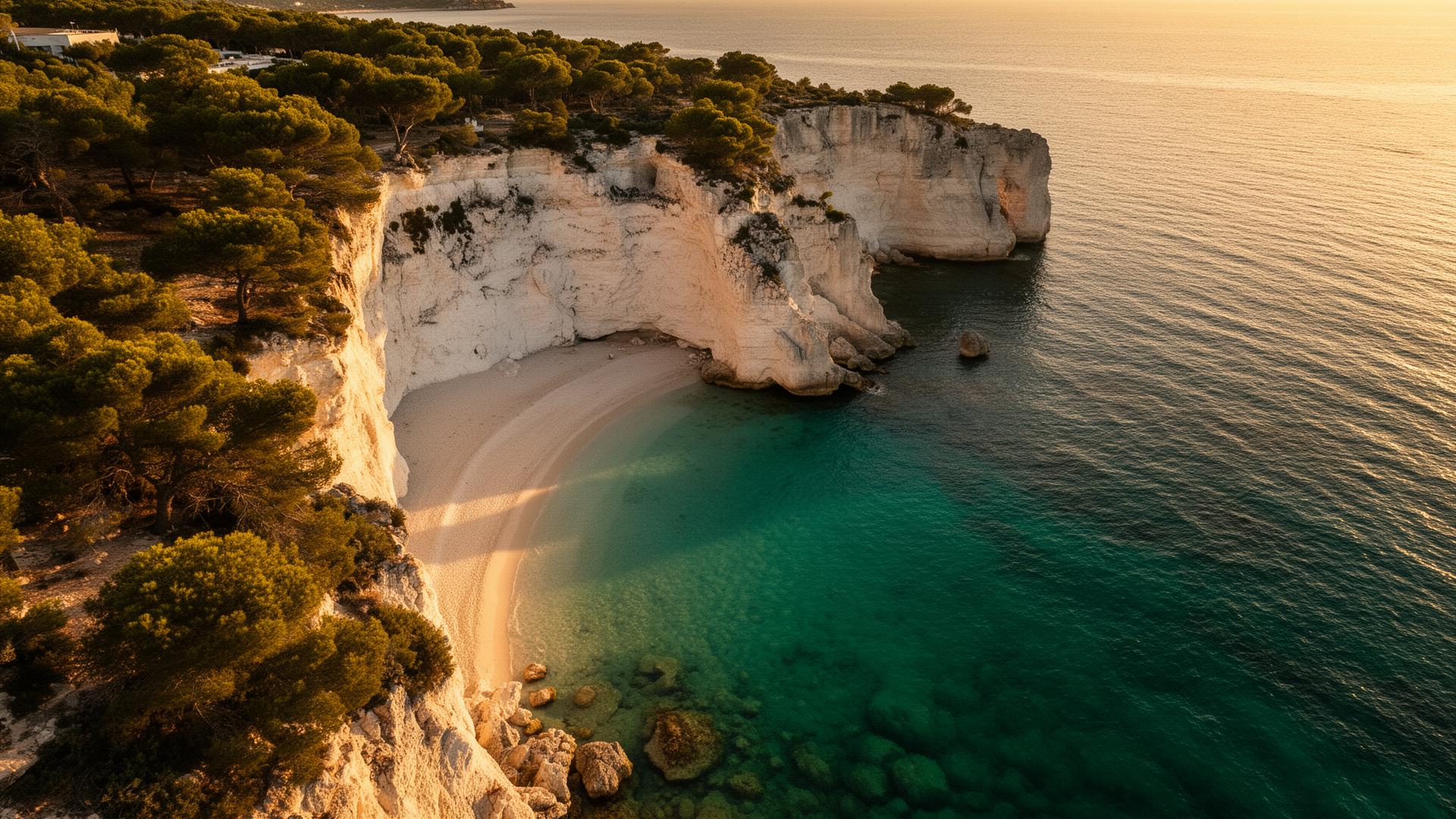 Cala escondida en la Costa Blanca con aguas turquesa al atardecer